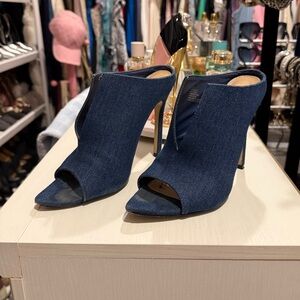 Shoe Dazzle Janae Denim Peep-Toe Slit Mules